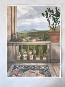 Doris Thomson,  View over Tivoli.Villa d`Este Rome.  Oil on oiled paper 29cm x 39cm. NFS