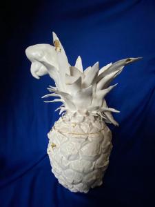 Jane Mill-Irving,  Parrot in pineapple. Glazed ceramic with gold leaf 35cm x 20cm.  NFS   