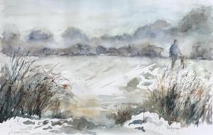 Ros Pearson, Snowy dog walk.  watercolour on paper.  24cm by 36cm  (unframed)  P.O.A. 
