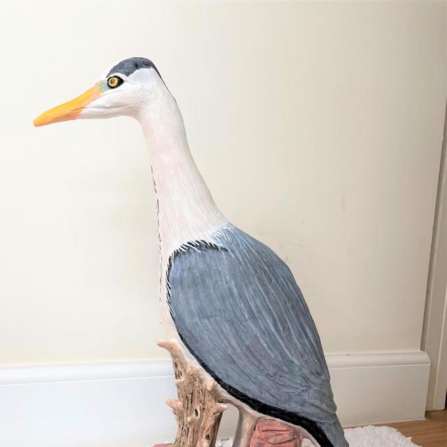 Laura Lindsay,  Spring Heron.Stoneware clay sculpture painted with acrylics 55 cm H x 46 cm D x 22 cm wide