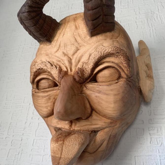 Robin Cameron,  Krampus Mask,  carved lime & walnut, 35x20x15cm,  NFS   